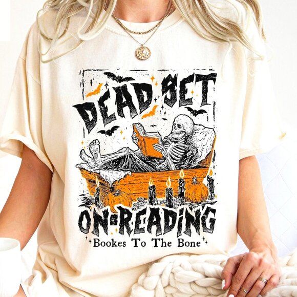 Tops - Funny Book Dead Set On Reading Skeleton Halloween T Shirt